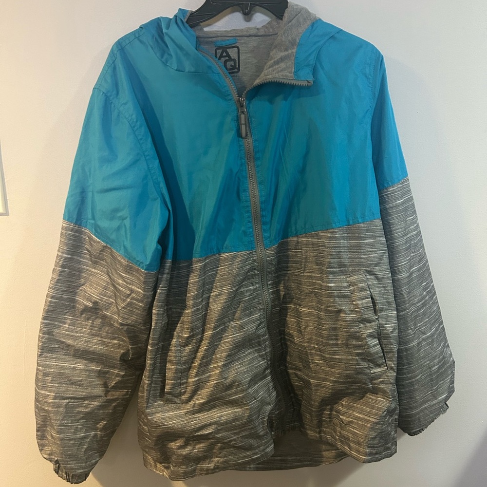 AQ XL (18/20) blue and gray/grey zip up jacket with hood and pockets soft
